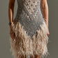 Crystal Embellished Mini Dress with Feather Hem